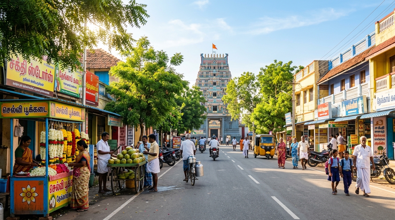 Morning street scene in Mohanur town